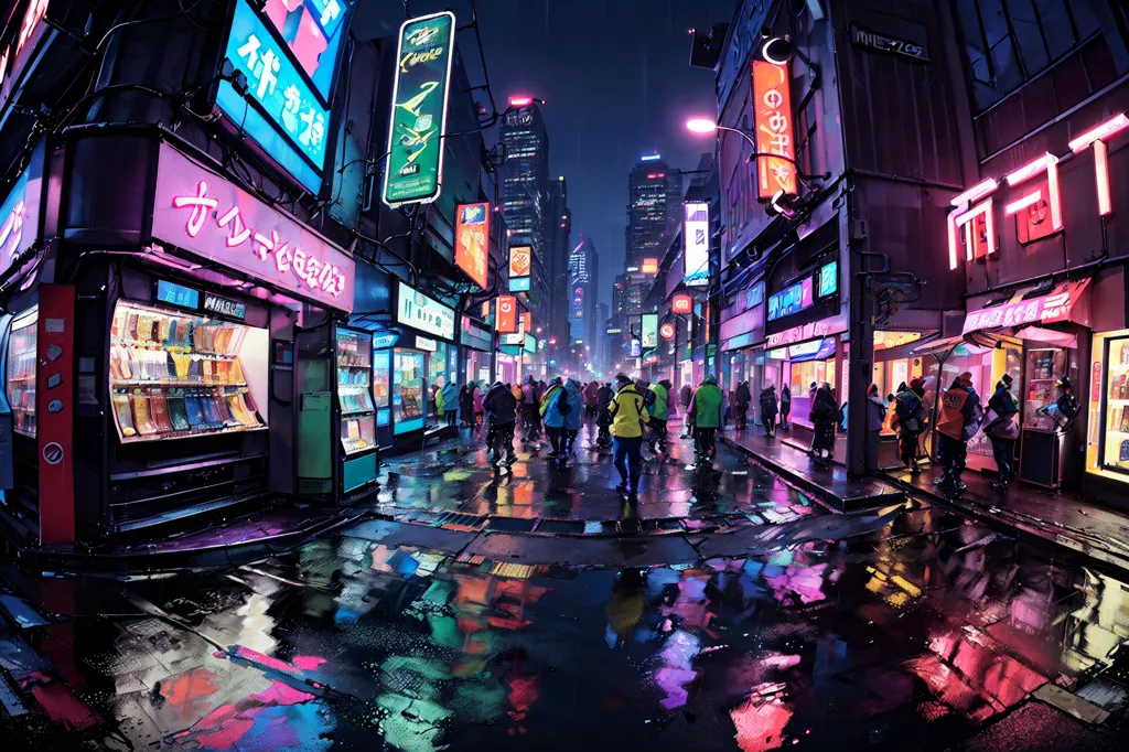 L'image représente une scène de rue dans une ville cyberpunk. Il fait nuit et la rue est mouillée par la pluie. La rue est bordée de grands bâtiments, dont beaucoup sont recouverts d'enseignes au néon. Il y a des gens qui marchent dans la rue, tous portent des imperméables ou des vestes. L'image est pleine de couleurs et de lumière, et a une atmosphère très futuriste.