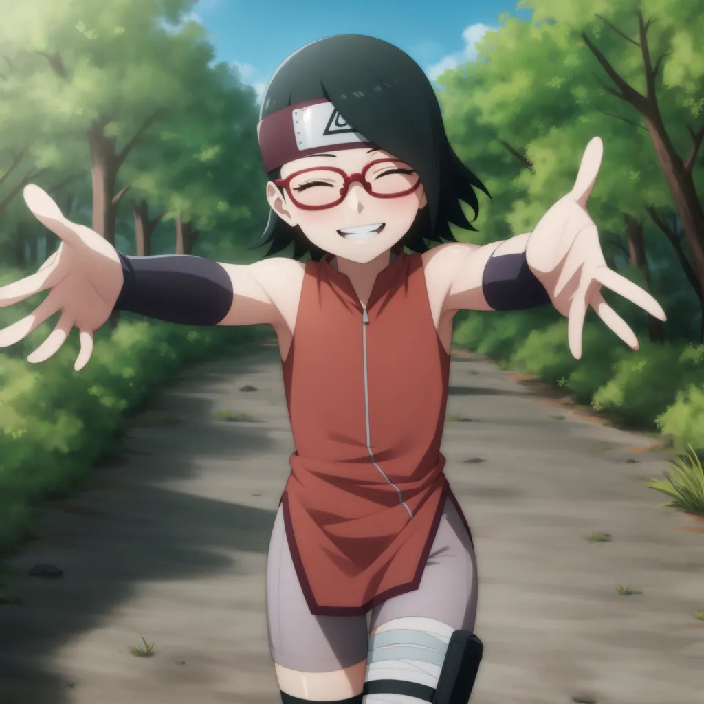 The image is of an anime character named Sarada Uchiha. She is a young girl with short black hair and green eyes. She is wearing a red sleeveless shirt, gray shorts, and a black headband with the Uchiha clan symbol on it. She is also wearing glasses. She has a happy expression on her face and is opening her arms as if she is ready to hug someone. She is standing in a forest setting with green trees and a blue sky in the background.