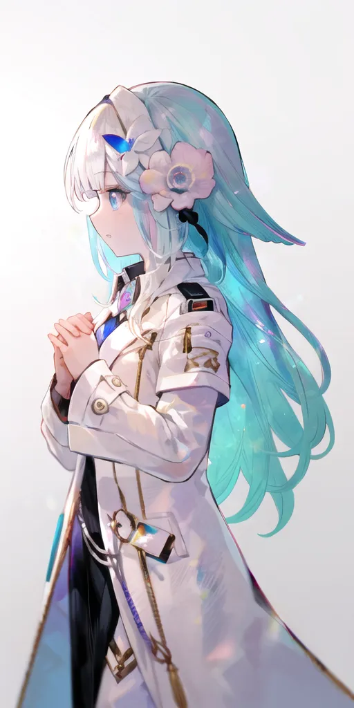 The image shows a young woman with long blue hair and blue eyes. She is wearing a white coat with a black collar and black cuffs. The coat has gold buttons and white trim. The woman has a flower in her hair and is looking to the left. The background is white and there is a light on the woman's face.