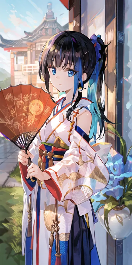 La imagen es de una mujer joven de pie en una casa tradicional japonesa. Lleva un kimono y sostiene un abanico. La mujer tiene el cabello negro largo y ojos azules. Mira al espectador con una expresión ligeramente tímida. El fondo de la imagen es una imagen borrosa de un jardín tradicional japonés.