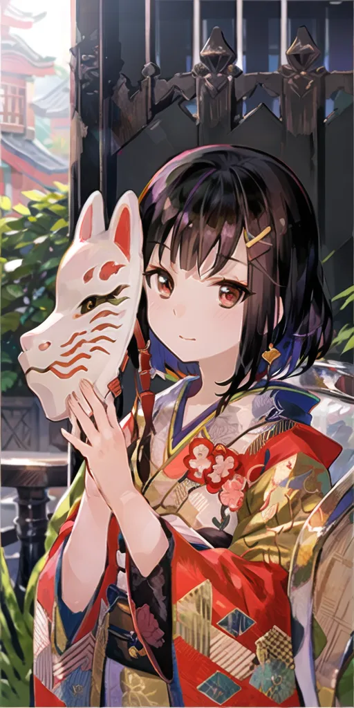 The image is of a young woman wearing a kimono with a red and white pattern. She has long black hair and brown eyes. She is holding a white fox mask in her hands. The background is of a traditional Japanese house with a garden.