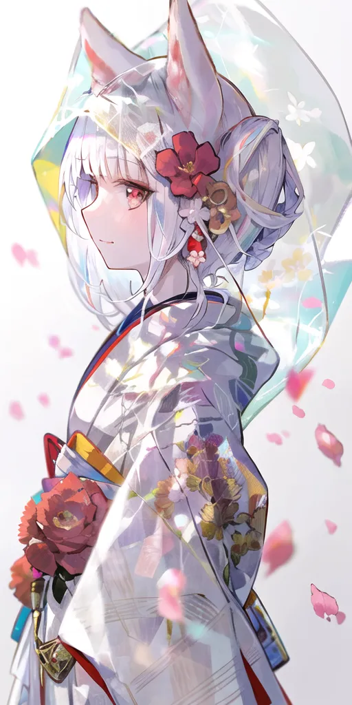 La imagen es de una mujer joven con el cabello blanco y los ojos rojos. Está usando un kimono japonés tradicional con un patrón floral y un obi rojo. También tiene un haori blanco con una capucha. La mujer está de pie frente a un fondo blanco y hay pétalos de cerezo cayendo a su alrededor.