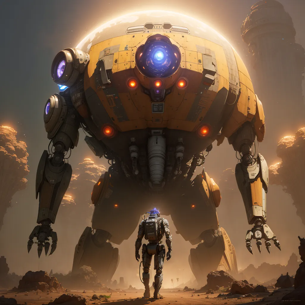 The image shows a giant yellow robot standing in a rocky desert landscape. The robot is made of metal and has a large, round body with a glowing blue eye in the center. It has four arms and legs, each with a large claw or pincer at the end. The robot is standing over a human, who is wearing a spacesuit and carrying a gun. The human is looking up at the robot in awe. In the background, there are large, rocky mountains and a hazy, glowing sky.