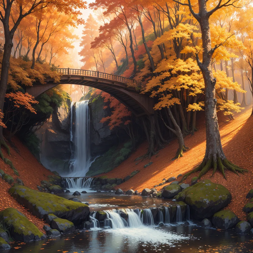 The image is a beautiful landscape of a forest in the fall. The trees are tall and majestic, and their leaves are a vibrant orange and yellow. The leaves are falling from the trees. There is a waterfall in the background, and a bridge in the foreground. The water in the river is crystal clear. There is a large rock in the middle of the river, and the water is flowing around it. The image is very peaceful and serene.