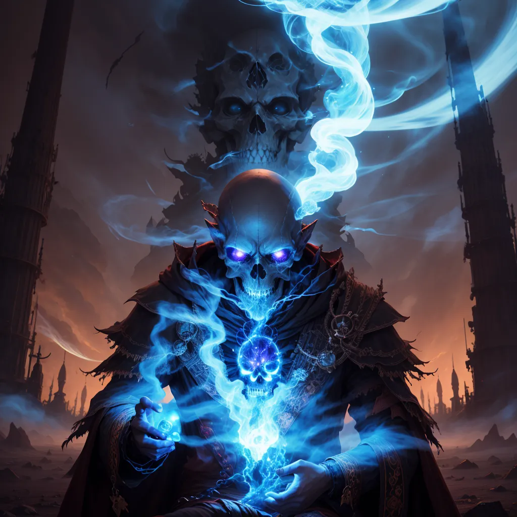 The image is of a lich, an undead creature that is typically a powerful spellcaster. This lich is sitting on a throne made of bones, and is surrounded by a blue mist. It is wearing a black robe and has a skull for a head. Two blue flames are burning in its eye sockets. There is a skull on the ground in front of it that it seems to be examining. In the background, there is a ruined city.