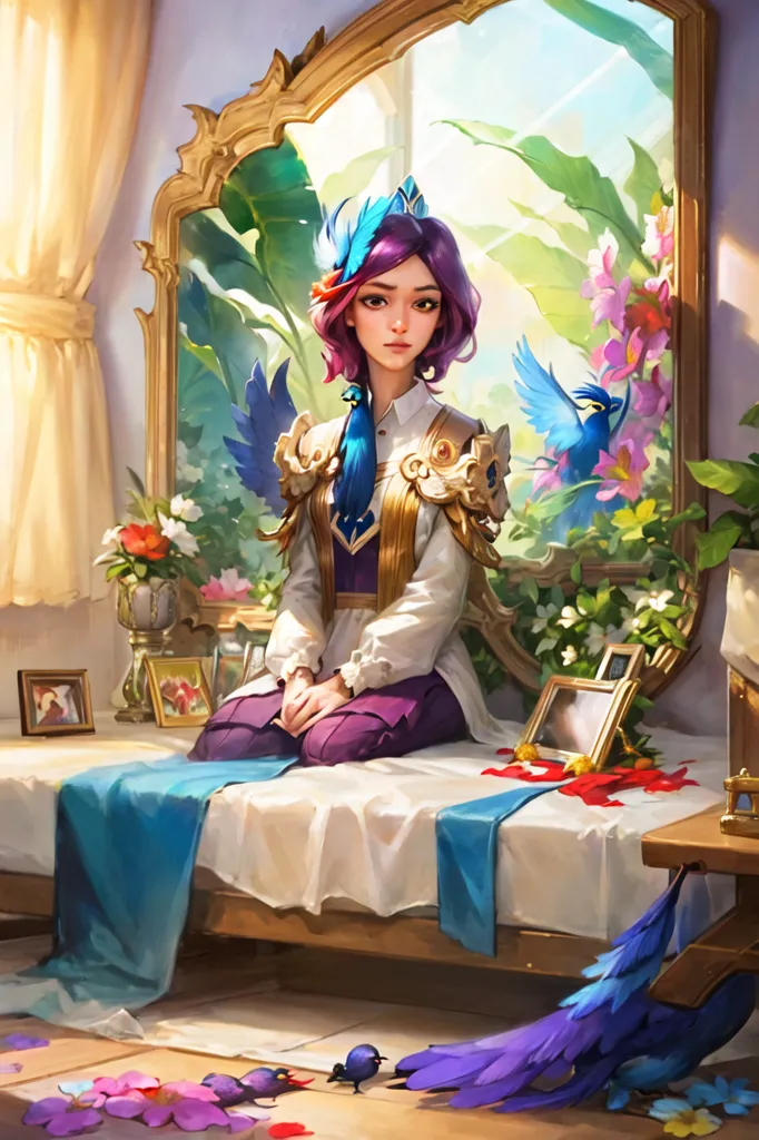 This image shows a young woman with purple hair and blue and green eyes. She is wearing a white blouse, a blue vest, and a purple skirt. She is sitting on a bed with a white sheet and blue and purple pillows. There are several pictures on the bed and a vase of flowers on a table next to the bed. There are also several birds in the image, one on her shoulder, one on the bed, and one on the floor. The woman is looking at the viewer with a sad expression on her face.