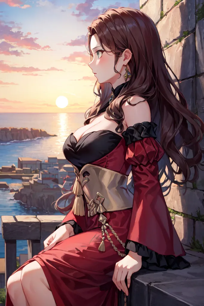 The image is of a woman with long brown hair and green eyes. She is wearing a red and black dress with a gold belt. She is sitting on a stone railing, looking out at the ocean. There is a town on the other side of the water. The sun is setting, and the sky is a gradient of orange, pink, and blue.