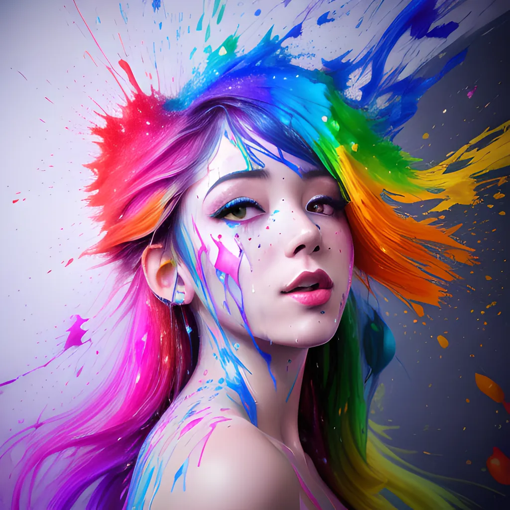 The image is a portrait of a young woman. She has long, flowing hair that is a rainbow of colors. Her face is also covered in splashes of paint. The woman's eyes are a deep brown, and her lips are a soft pink. She is looking at the viewer with a serious expression. The background of the image is a dark blue.