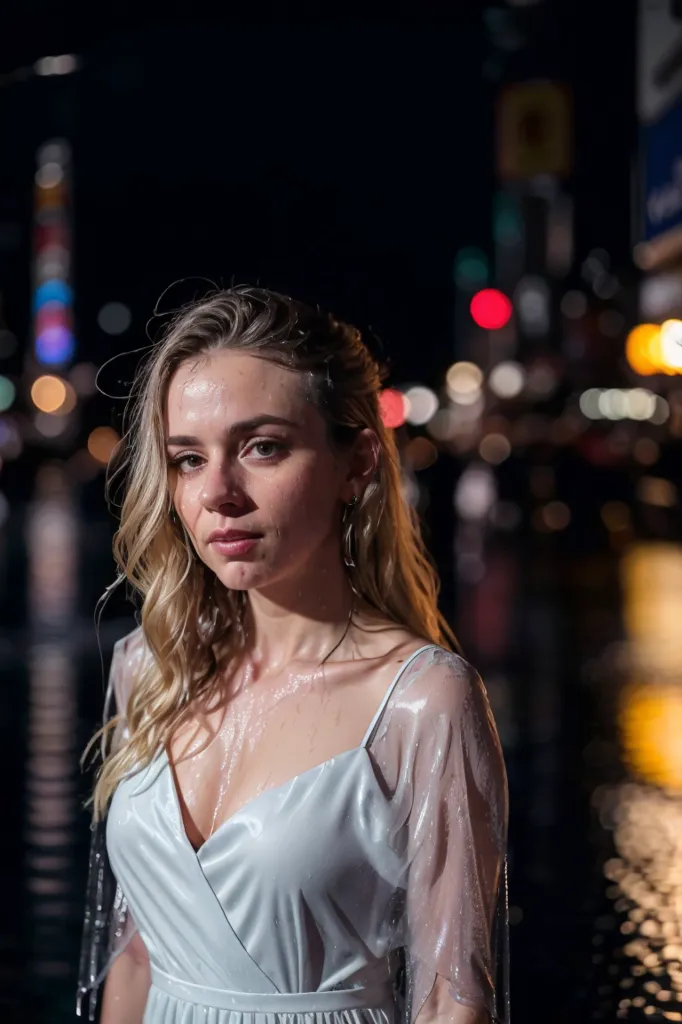 A foto mostra uma mulher jovem em pé em frente a um fundo desfocado de luzes da cidade à noite. Ela está usando um vestido prateado com um decote profundo e tem o cabelo preso em um coque solto. Seu rosto está molhado pela chuva e ela olha para a câmera com uma expressão séria.