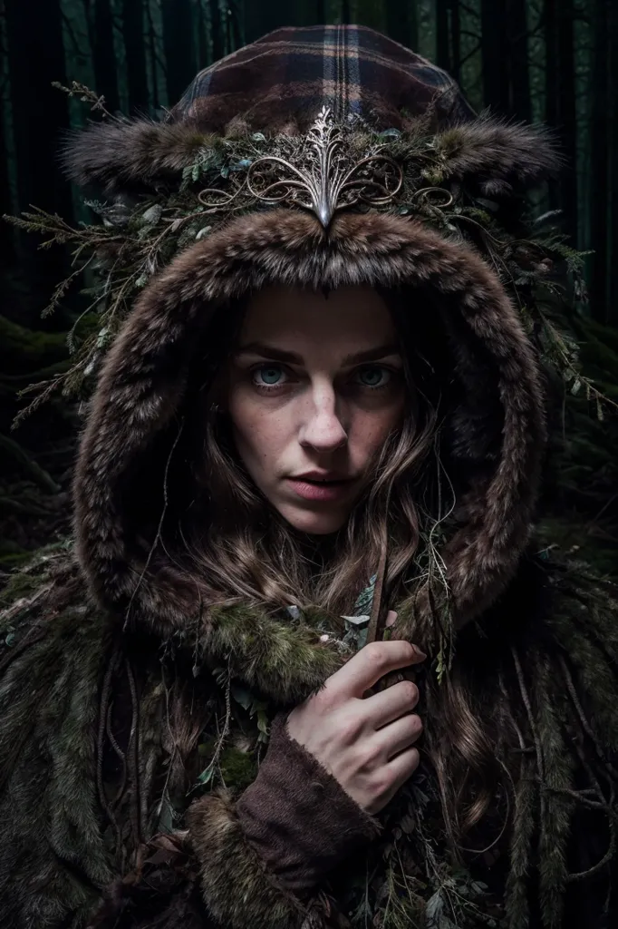 This image shows a woman, with an intense stare, wearing a fur-trimmed hood with twigs and leaves woven into it. The hood is part of a larger garment that covers her torso. The woman's hair is long and brown, and her eyes are a light blue color. The background of the image is dark, with a hint of green, suggesting that she is in a forest.