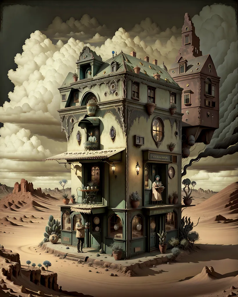 La imagen es una pintura surrealista de una casa en medio de un desierto. La casa es alta y estrecha, con un exterior verde y un techo rojo. Tiene muchas ventanas y puertas, y hay plantas creciendo en los balcones. Hay un árbol grande al lado de la casa y una figura pequeña de pie frente a la puerta. La pintura está hecha en un estilo realista, pero el tema es fantástico.