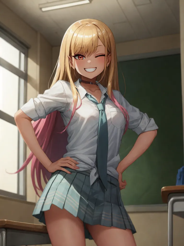 The image shows a young woman with long blonde hair and pink eyes. She is wearing a white shirt, a blue tie, and a gray skirt. She has a confident smile on her face and is winking at the viewer. She is standing in a classroom with a chalkboard and some empty desks behind her.