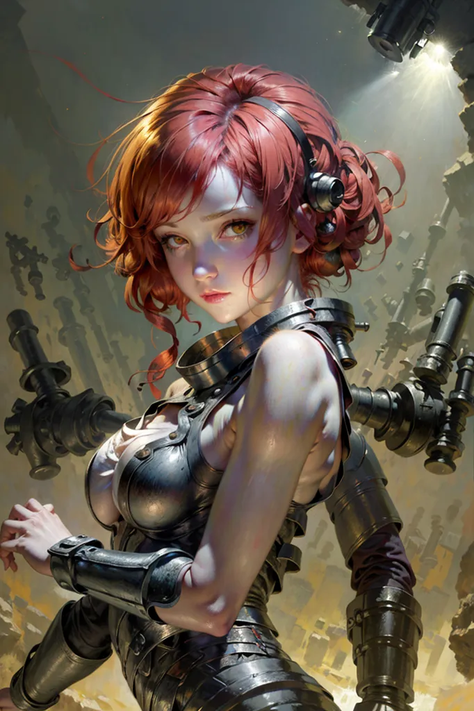 This image shows a beautiful young woman with an innocent expression on her face. She has short red hair and golden eyes. She is wearing a steampunk-style outfit made of metal and leather. The outfit is black with silver and gold accents. She has a large metal collar around her neck and a metal breastplate that covers her chest. She is also wearing a pair of metal gauntlets on her arms. She is standing in front of a large, steampunk-style machine. The machine is made of metal and has a large number of pipes and gears. The woman is standing in front of the machine with her arms crossed. She looks like she is ready to fight.