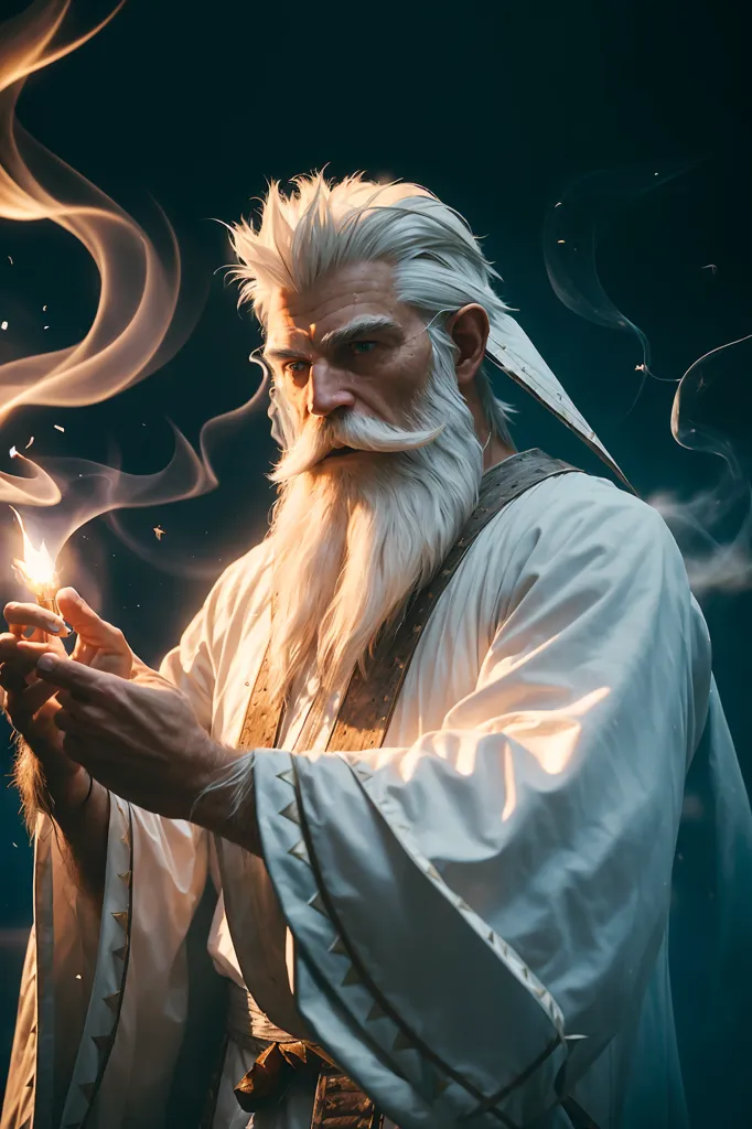 The image shows a man with long white hair and a long white beard. He is wearing a white robe with a brown sash. He is holding a candle in his right hand. There is smoke coming from the candle. The background is dark blue. The man's eyes are closed. He has a serene expression on his face.