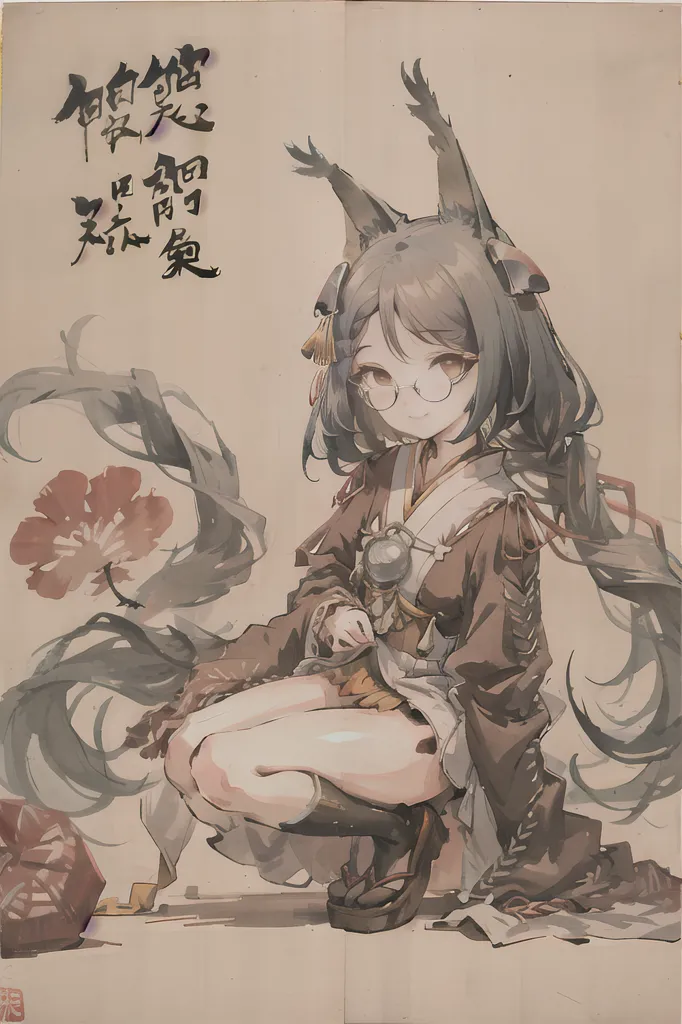 The image is of a young woman with long brown hair and fox ears. She is wearing a kimono and is kneeling on the ground. She has a gentle smile on her face and is holding a small object in her hands. The background is a traditional Japanese-style painting of a forest with a red flower in the foreground. The image is drawn in a realistic style and the colors are muted and natural.