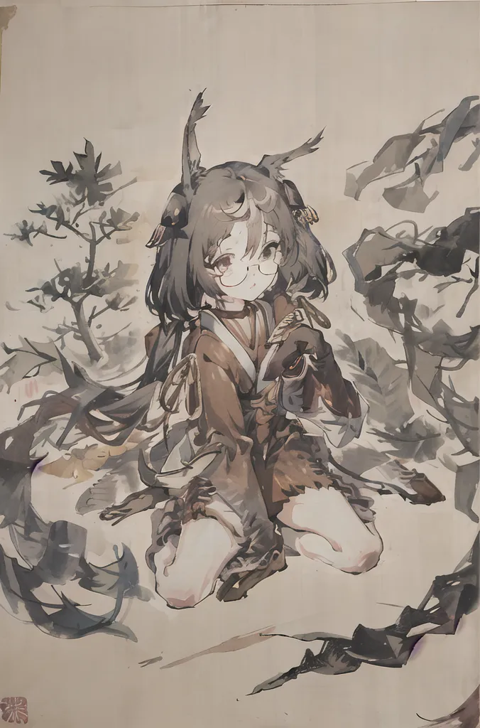 The image is a painting of a young girl with brown hair and eyes. She is wearing a kimono and has deer antlers on her head. The girl is sitting on a rock in a forest. There are trees and leaves all around her. The painting is done in a realistic style and the colors are muted.