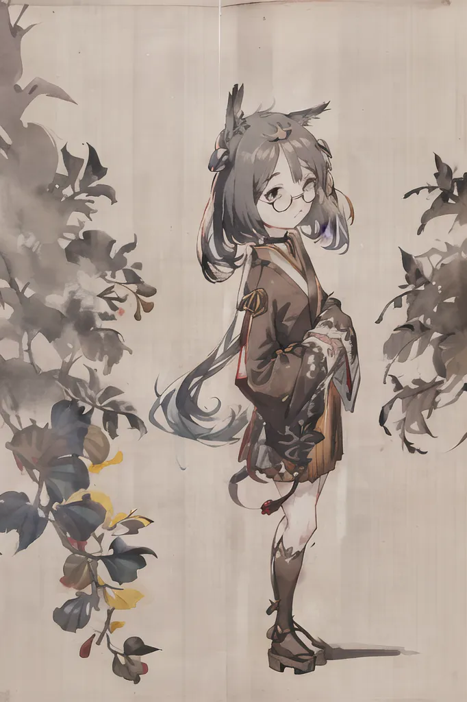 The image is of a young woman with cat ears and a long tail. She is wearing a kimono and glasses. She is standing in front of a wall with a pattern of leaves and flowers. The woman has long black hair and purple eyes. She is smiling.