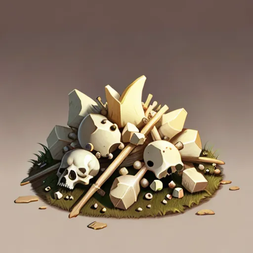 This is a pile of bones and rocks. There are four skulls on top of the pile. The pile is sitting on a patch of grass.