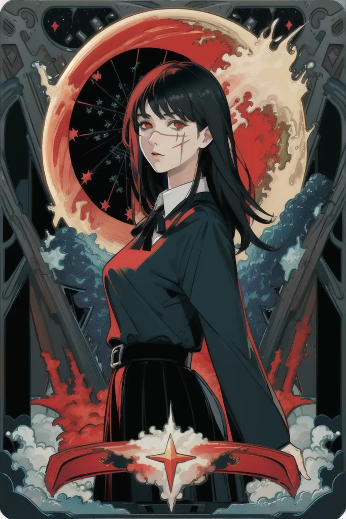 The image is a portrait of a young woman with long black hair and red eyes. She is wearing a dark red shirt with a white collar and a black skirt. She has a red scarf tied around her neck and a red star on her chest. The background is a dark blue night sky with a red moon. There are also some stars and clouds in the background. The woman has a serious expression on her face and is looking at the viewer.