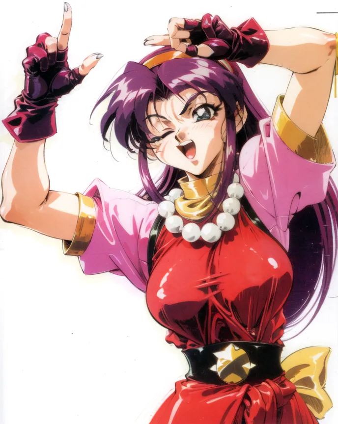 The image contains a young woman with purple hair wearing a red and pink outfit. She has a confident expression on her face and is making a peace sign with her fingers. She is also wearing a necklace and has a yellow headband in her hair. The background is white.