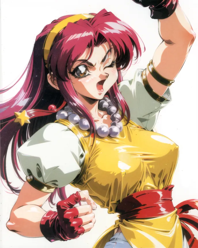 This is an illustration of a young woman with long red hair and green eyes. She is wearing a yellow shirt and a red sash. She has a determined expression on her face and is winking. She is also wearing a pair of red gloves and has a star-shaped hair ornament on the right side of her head. She appears to be in a fighting stance.