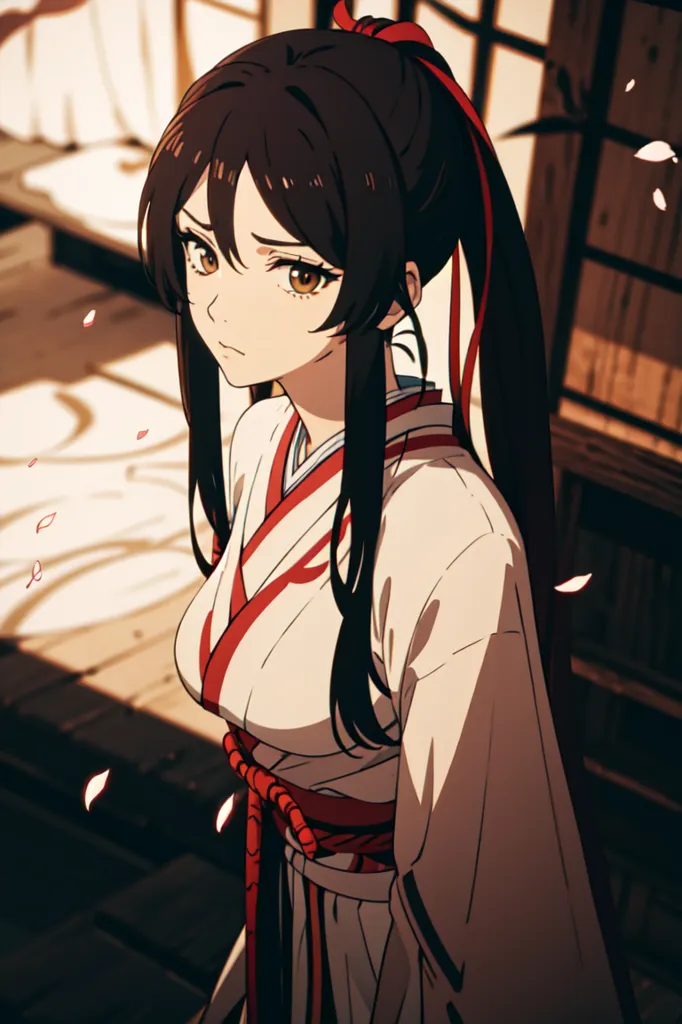 The image is of a young woman with long black hair tied in a ponytail. She is wearing a white kimono with a red sash and has a serious expression on her face. She is standing in a traditional Japanese room with wooden floors and walls. The image is in a realistic style and the colors are vibrant and bright.