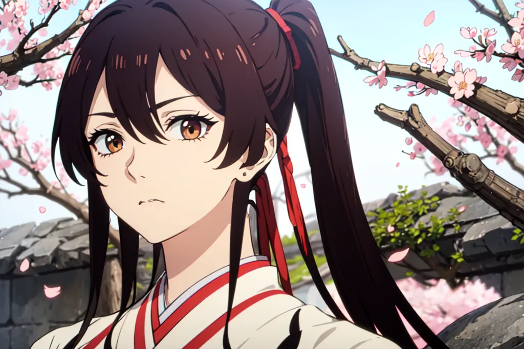 This image shows a young woman with brown hair and brown eyes. She is wearing a white kimono with red accents and has a red ribbon in her hair. She is standing in a forest with cherry blossoms. The background is blurred, but it looks like there is a building behind her. The woman is looking to the left of the frame with a serious expression on her face.