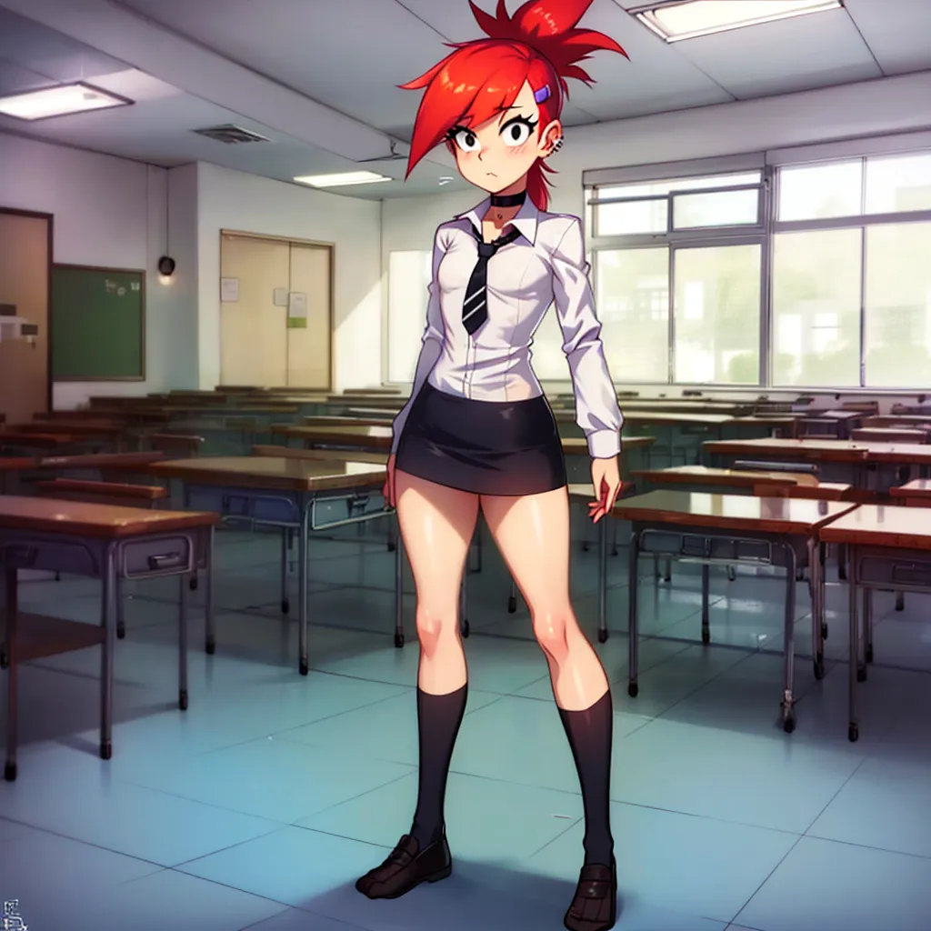 The image shows a young woman with bright red spiky hair and green eyes. She is wearing a white dress shirt with a black tie, a black skirt, and black boots. She is standing in a classroom with her hands on her hips. The classroom is empty, with chairs and desks arranged in rows. The walls are bare, and there is a chalkboard in the background.