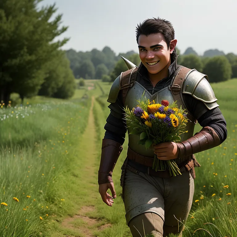 Esta imagen muestra a un hombre semielfo con el cabello corto y oscuro y ojos verdes. Lleva un jubón y pantalones de cuero marrón, y una coraza de metal. Lleva un ramo de flores y tiene una expresión feliz en el rostro. Está caminando por un sendero en un campo herboso, con árboles y colinas al fondo.