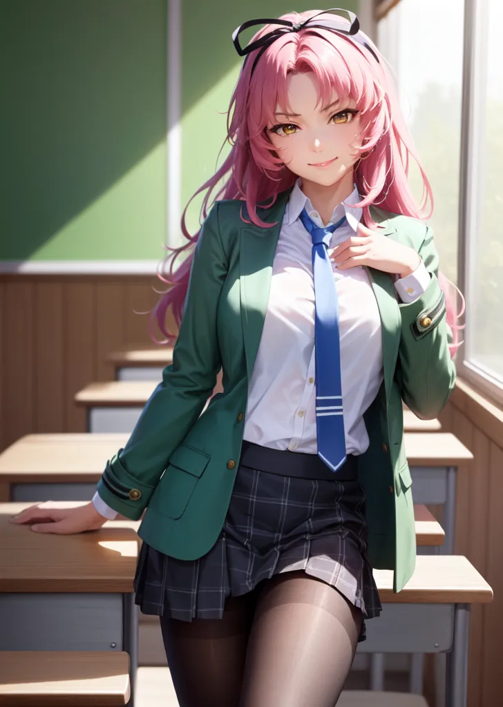 The image shows a young woman with pink hair and green eyes. She is wearing a white shirt, a blue tie, a green blazer, and a gray skirt. She is standing in a classroom, leaning on a desk with one hand while the other is on her chest.