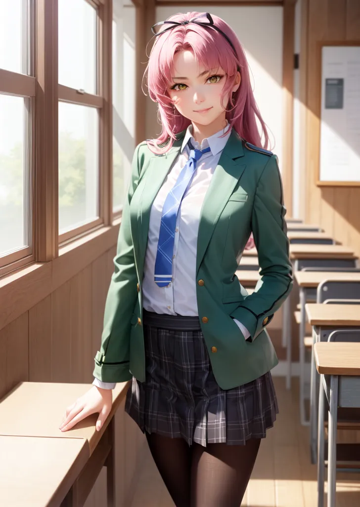 The image shows a young woman with pink hair and green eyes. She is wearing a white shirt, a blue tie, a green blazer, and a gray skirt. She is standing in a classroom, leaning against a desk.