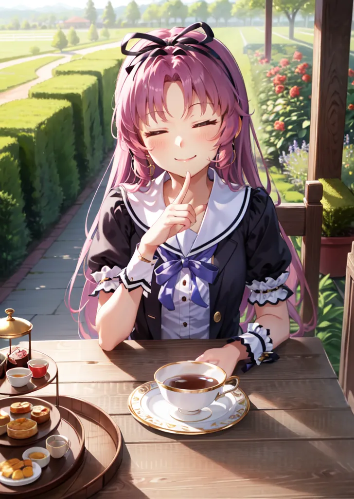 The image shows a beautiful anime girl with pink hair and purple eyes. She is wearing a black and white dress with a blue ribbon. She is sitting at a table in a garden, having tea. There are two plates on the table. One plate has a teapot and two teacups on it. The other plate has a variety of pastries on it. The girl has one hand on her chin and the other holding a teacup. She has a gentle smile on her face.