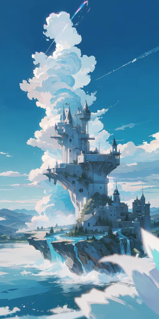 The image is a digital painting of a fantasy castle. The castle is built on a rocky cliff overlooking a body of water. The water is surrounded by mountains. The sky is blue and cloudy. The castle is white and has many towers and turrets. There is a waterfall coming down from the cliff on the left side of the castle.