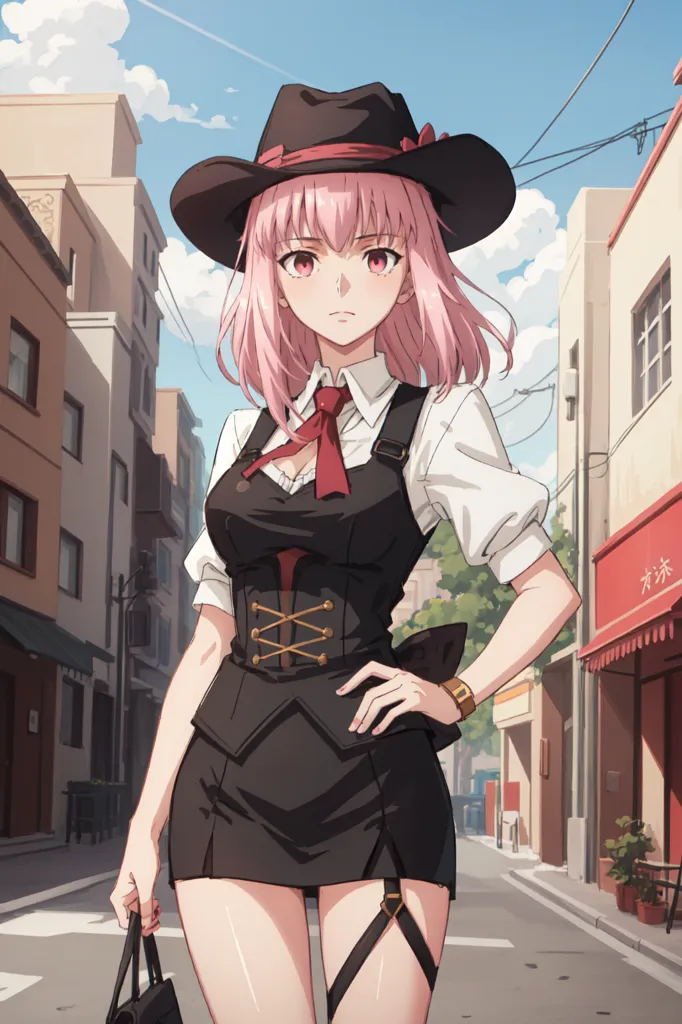 This is an image of a young woman with pink hair and red eyes. She is wearing a black hat, a white shirt, a black vest, and a black skirt. She is also wearing a red tie and a brown belt with a gold buckle. She is standing in a street with buildings on either side and power lines crossing above her. She has a black purse in her right hand and is resting her left hand on her hip.