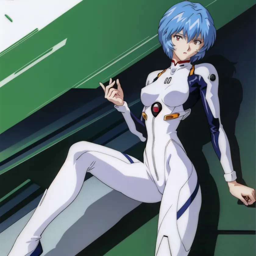 The image contains a young woman with short blue hair and red eyes. She is wearing a white bodysuit with blue and orange details. She is sitting on a green surface and looking at the viewer with a serious expression.