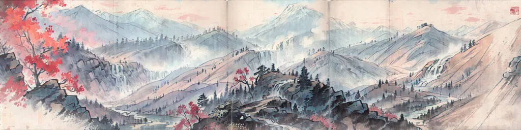 The image is a Chinese landscape painting. It is a long, horizontal scroll painting. The painting depicts a mountainous landscape with a river running through the valley. The mountains are covered in mist and the trees are in full bloom. The painting is done in a realistic style and the artist has used a variety of brushstrokes to create the different textures of the mountains, trees, and water. The painting is also very detailed and the artist has included many small details, such as the birds flying in the sky and the fish swimming in the river. The painting is a beautiful example of Chinese landscape painting and it is a valuable work of art.