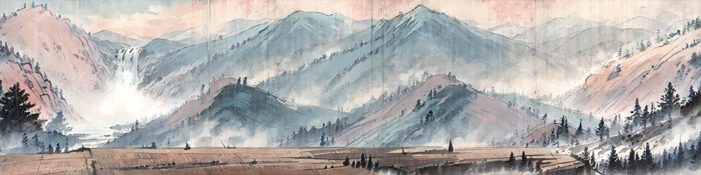 The image is a Chinese landscape painting. It is a long, horizontal scroll that depicts a wide view of a mountain range. The mountains are covered in mist and clouds, and there is a waterfall in the distance. The foreground is a flat plain with a few trees. The painting is done in a realistic style, and the artist has used a variety of brushstrokes to create the different textures of the mountains, the trees, and the water. The painting is also very atmospheric, and the artist has captured the feeling of the mist and the clouds.