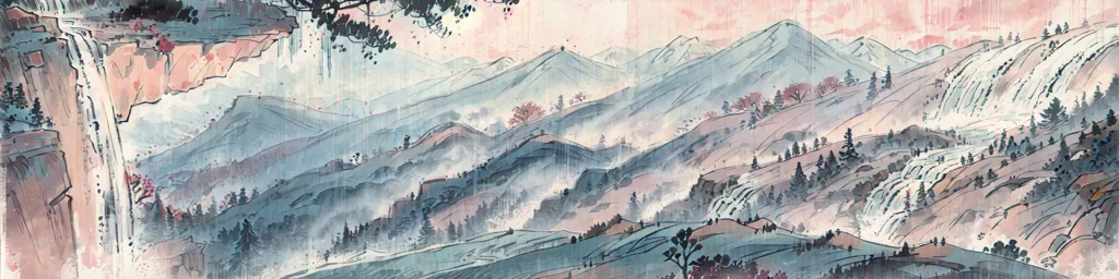 The image is a Chinese landscape painting in the style of the Song dynasty. It depicts a wide mountain range in the distance, with a river valley in the foreground. The mountains are covered in mist and trees, and the river is spanned by a bridge. There are a few trees in the foreground, and a small waterfall can be seen on the right side of the painting. The painting is done in muted colors, with a lot of attention to detail. The overall effect is one of peace and tranquility.