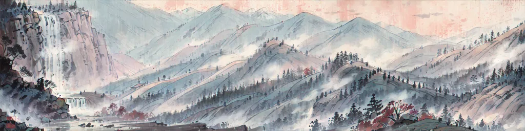 The image is a Chinese landscape painting in the style of the Song Dynasty. It depicts a wide mountain range with a river in the foreground. The mountains are covered in mist and trees, and there is a waterfall on the left side of the painting. The painting is done in a realistic style, with fine detail and shading. The colors are muted and understated, and the overall effect is one of peace and tranquility.