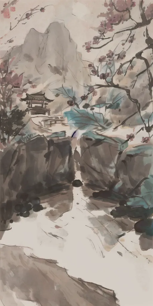 A imagem é uma pintura chinesa de uma paisagem. É um rolo vertical, e a cena é retratada em um estilo realista. O primeiro plano é dominado por uma grande rocha, que está coberta de musgo e tem uma pequena árvore crescendo nela. No fundo, há uma cordilheira, com um templo aninhado no vale entre os picos. O céu está claro e há algumas nuvens flutuando ao longe. A pintura é feita em cores amortecidas, e o efeito geral é de paz e tranquilidade.