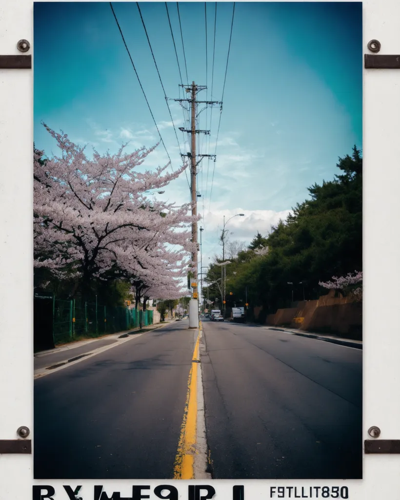 The image is a street scene in Japan. The street is lined with cherry trees, which are in bloom. The cherry blossoms are a beautiful sight, and they are a popular tourist attraction. The street is also home to a variety of shops and restaurants. There are a few cars parked on the street. The image is peaceful and serene, and it captures the beauty of Japan's cherry blossom season.