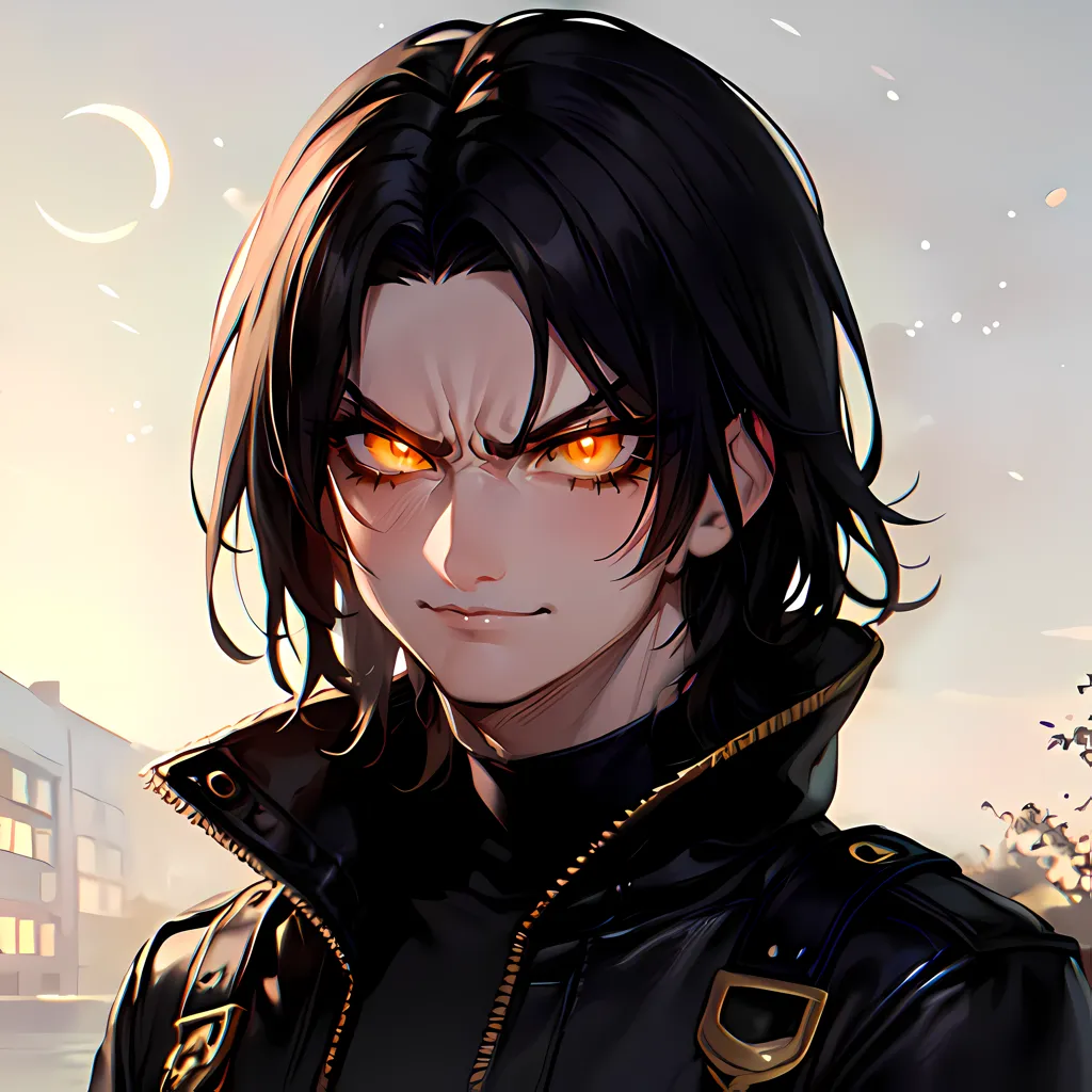 This is an image of a young man with long black hair and bright yellow eyes. He is wearing a black leather jacket and has a serious expression on his face. The background is a blurred cityscape at night.