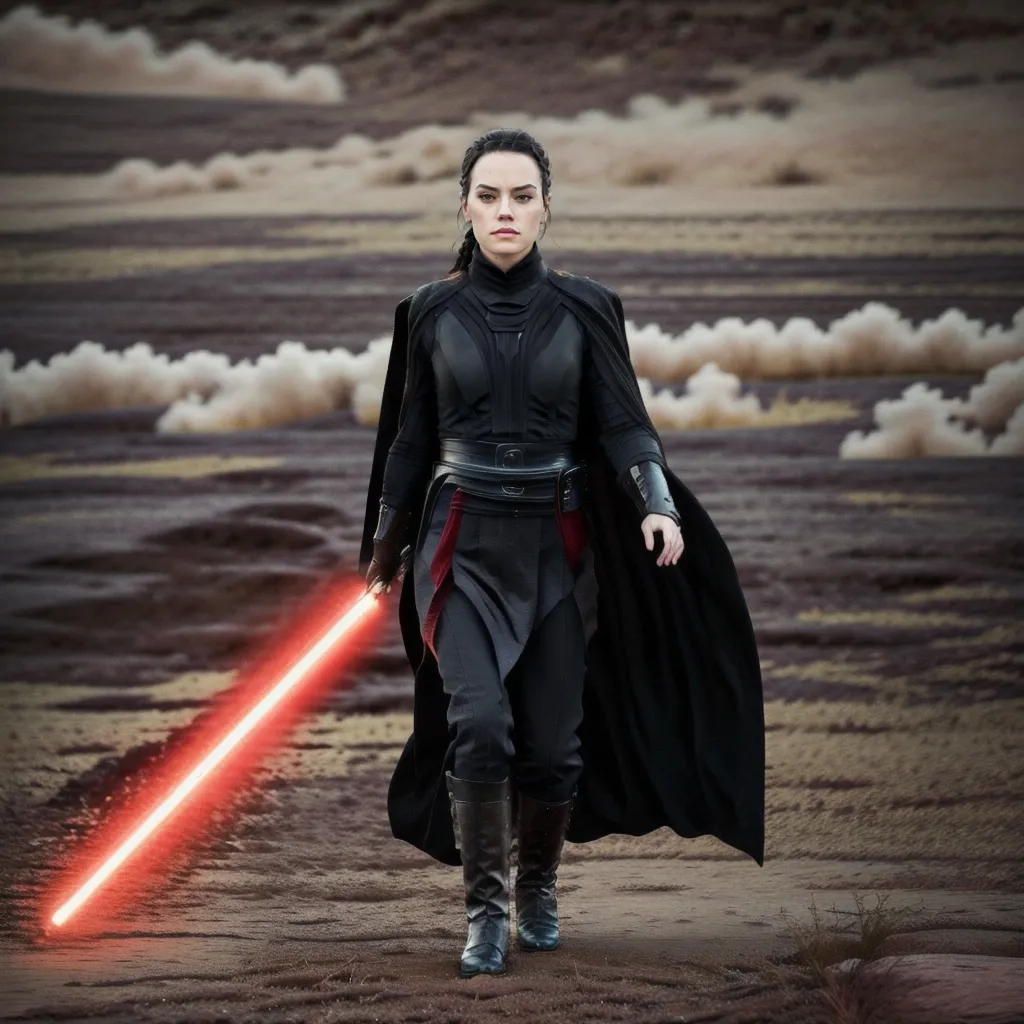 The image shows a young woman dressed in a black outfit, holding a red lightsaber. She is standing in a desert landscape, with a large rock formation in the background. The sky is hazy and there are clouds in the distance.