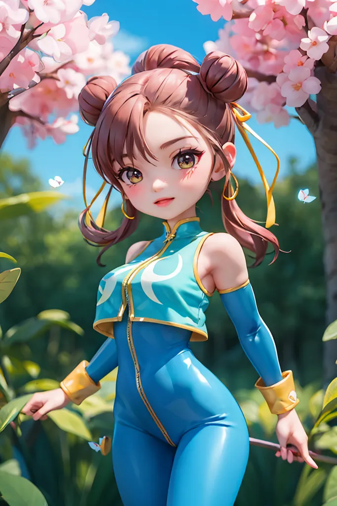 This is an image of a young woman with brown hair styled in two buns. She is wearing a blue and white outfit with a yellow belt. The outfit has a zipper in the front and a high collar. She is also wearing yellow earrings and bracelets. She is standing in a garden with pink flowers and green leaves. There are also two butterflies in the image. The background is a blue sky with white clouds.