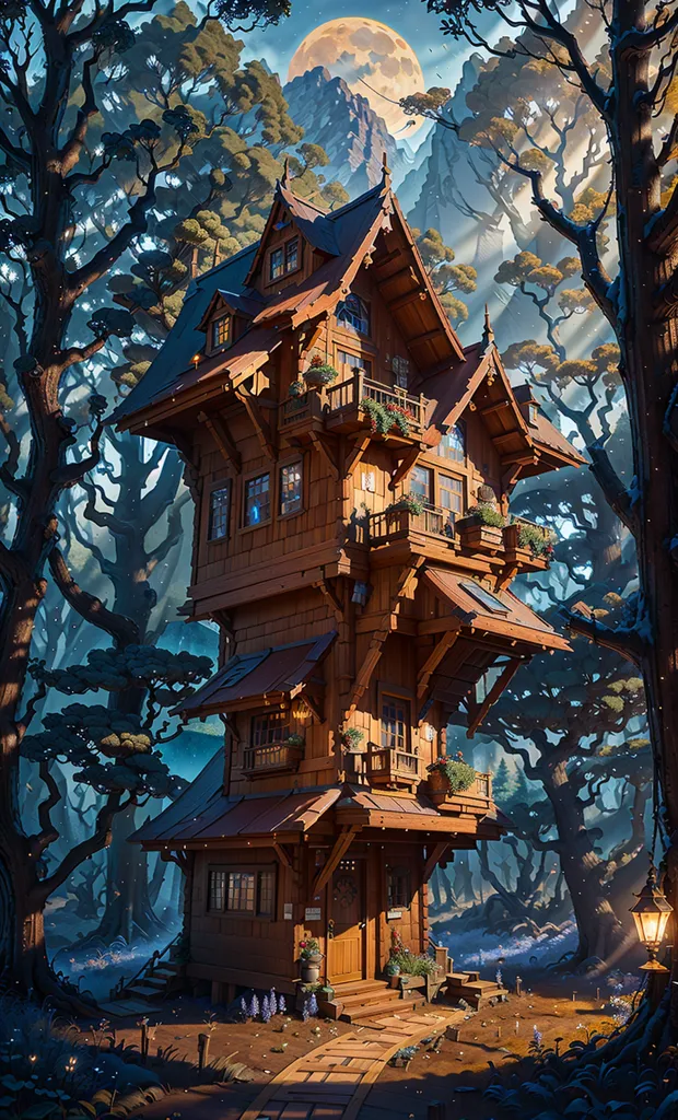 La imagen es una casa de madera alta en medio de un bosque. La casa tiene muchas ventanas y balcones, y hay árboles y plantas a su alrededor. Hay un camino que lleva a la casa y hay un farol al lado del camino. La luna brilla en el cielo y hay estrellas brillando en la distancia.