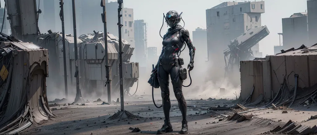 The image shows a female soldier standing in a ruined city. She is wearing a black and gray suit of armor and a helmet. She is carrying a gun. The city is in ruins, with buildings destroyed and debris everywhere. The sky is hazy and there are no people visible.