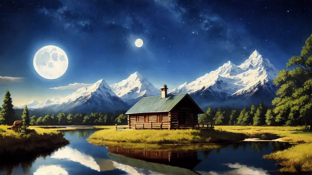 The image is a beautiful landscape painting of a cabin in the mountains. The cabin is made of wood and has a green roof. There is a large moon in the sky, and there are mountains in the background. The mountains are covered in snow. There is a river in front of the cabin, and there are trees on the banks of the river. The sky is dark blue, and there are stars in the sky. The image is very peaceful and serene.