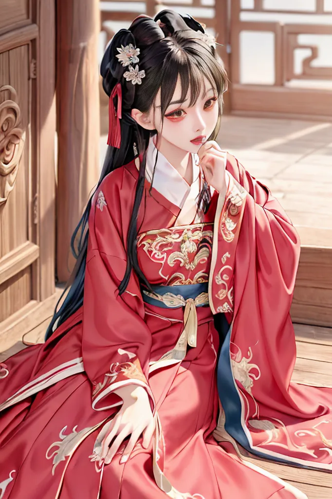 The image shows a beautiful young woman in a red and gold hanfu. She is sitting on a wooden floor with her right hand resting on her chin. The woman has long black hair with a red ribbon tied at the end. There are several hair accessories in her hair. The hanfu has intricate gold embroidery and a blue belt. The woman is looking at the viewer with a slight smile on her face.