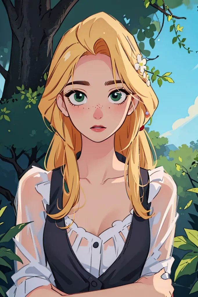 The image is a digital painting of a young woman with long, wavy blonde hair and green eyes. She is wearing a white blouse and a black vest. There are small flowers in her hair. She is standing in a forest, and there are trees and leaves in the background. The woman has a thoughtful expression on her face, and she is looking at the viewer.