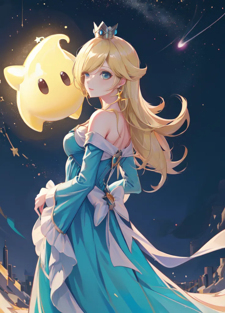 The image shows a young woman with long, flowing blonde hair. She is wearing a blue dress with a white bodice and a yellow crown. She has blue eyes and a friendly smile. She is standing in front of a starry night sky, with a yellow star-shaped creature with a face on the left side of her. She is looking at the viewer with a gentle expression.